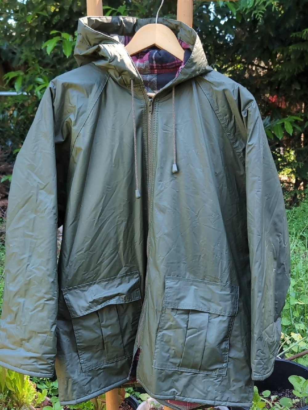 Flannel Lined Olive Green Hooded Rain Jacket